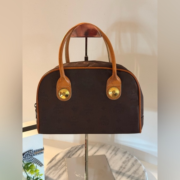 MCM Dark Brown Satchel Boston Hand Bag Nylon Leather Authenticated COA - Picture 1 of 16